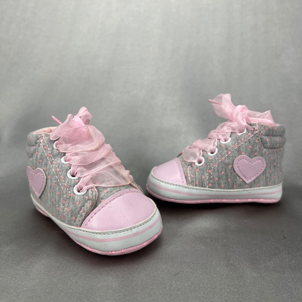 Infant Baby Girl Crib Shoes‎ Gray Pink Polka Dot Heart Ribbon Lace High Top 3-6M